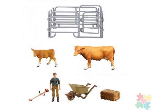Паремо Игрушки фигурки в наборе серии "На ферме", 7 предметов (рыжая корова, теленок, фермер, ограждение-за)