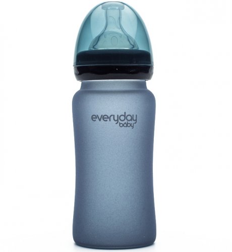 Everyday Baby Стеклянная бутылочка с индикатором температуры и защитным силиконовым покрытием, 240 мл, черничный 7
